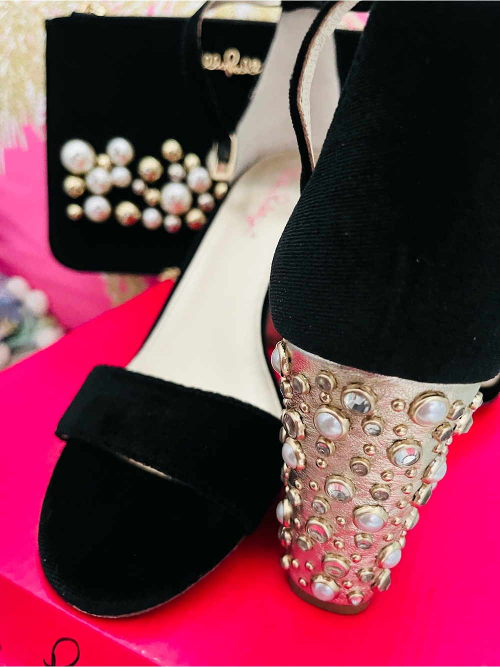 Pearl-Embellished Black Velvet Block heels